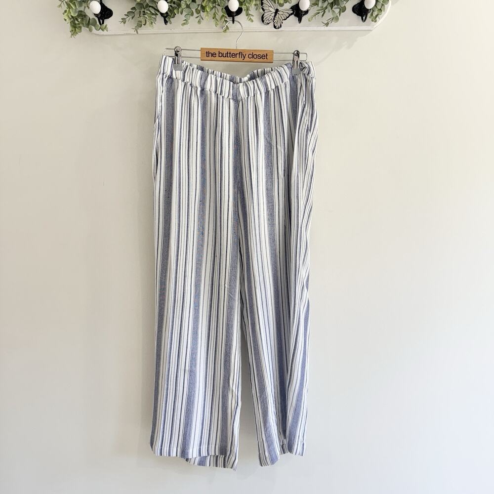 Fresh Produce Rayon Cotton Blue Striped Elastic Waist Wide Leg Pant L CV - Picture 1 of 4